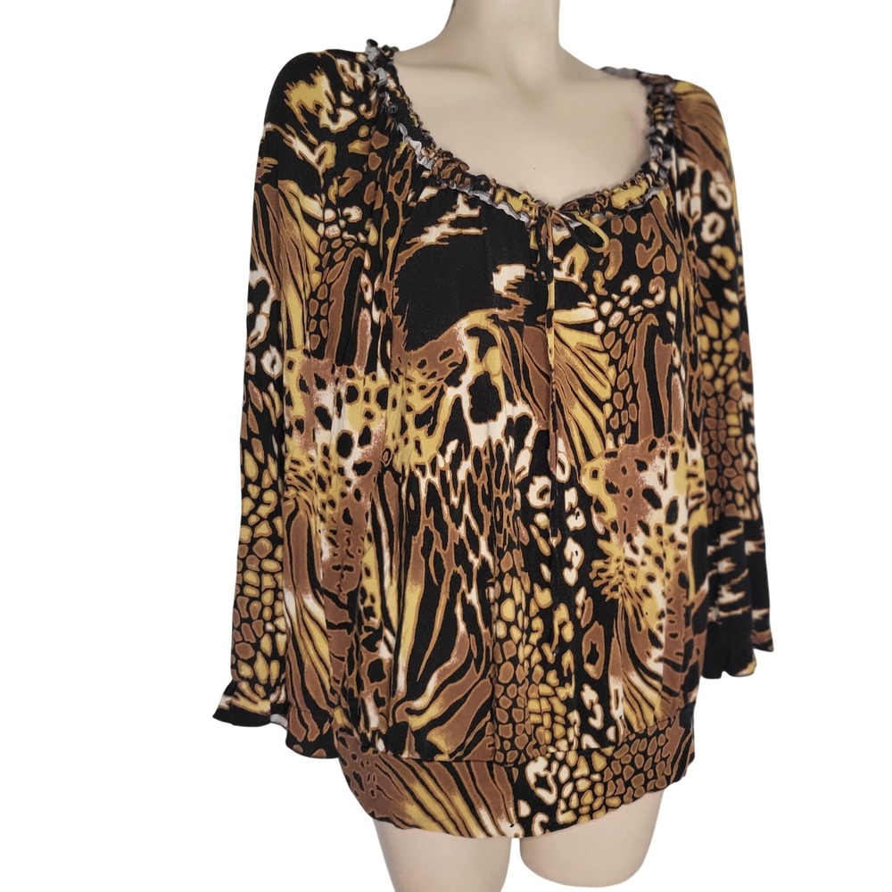 Cable & Gauge‎ Animal Print Ruffle Neck Blouse Brown Tan Black Large